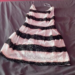 white, pink, and black striped dress
